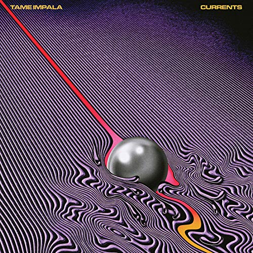 Tame Impala’s “Currents” CD cover: purple waves, red line, and a silver sphere.