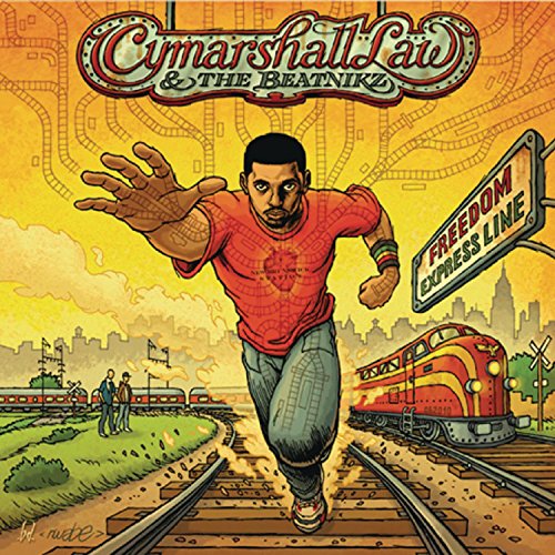 Album cover art: man running on train tracks with a train and cityscape.