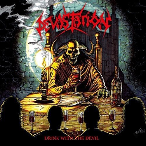 "CD cover art: horned skeleton toasting with three silhouetted figures."