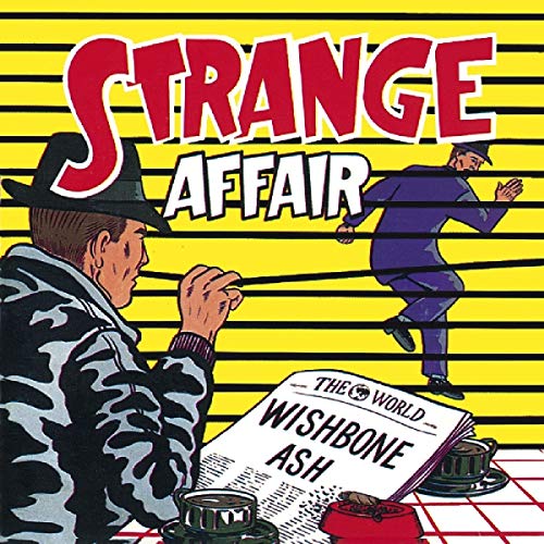"Album cover for 'Strange Affair' by Wishbone Ash, featuring cartoon detective and suspect."