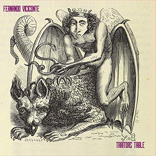 "Album cover art: black and white illustration of winged figure with goat-like creature."