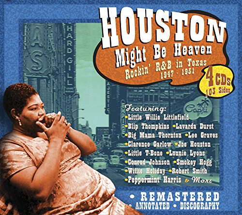 "CD cover with a woman singing and cityscape, titled 'Houston Might Be Heaven'."