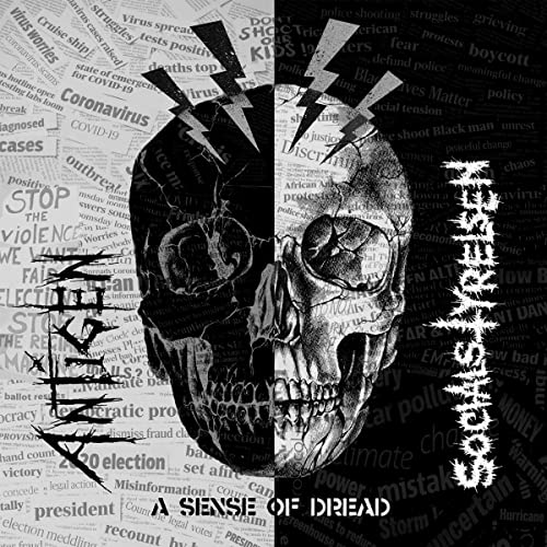 Split-tone skull image with news headlines relating to social and political issues.