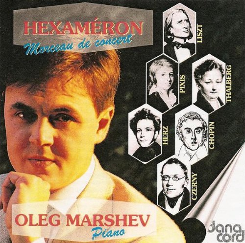CD cover with a man and portraits of famous composers.