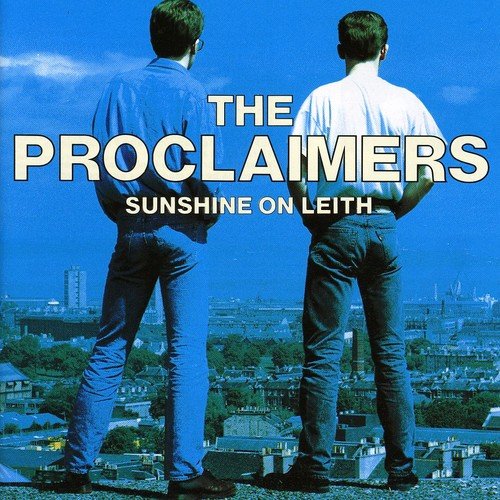 "Album cover of The Proclaimers - Sunshine on Leith, featuring two men overlooking a city."