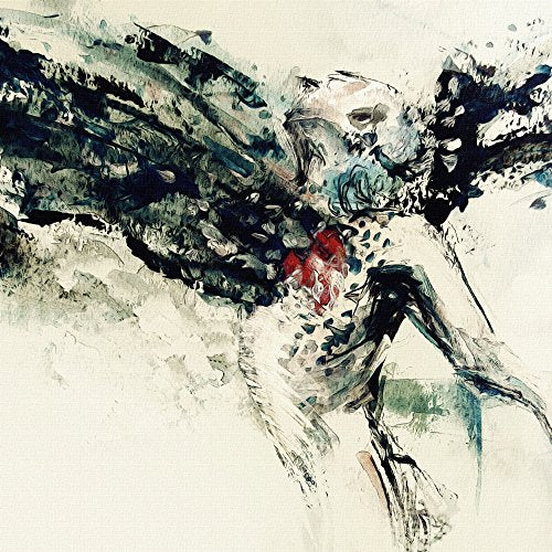 Abstract ink wash painting of a winged figure with a red heart.