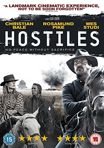 Hostiles" DVD cover featuring Christian Bale, Rosamund Pike, and Wes Studi on horseback.