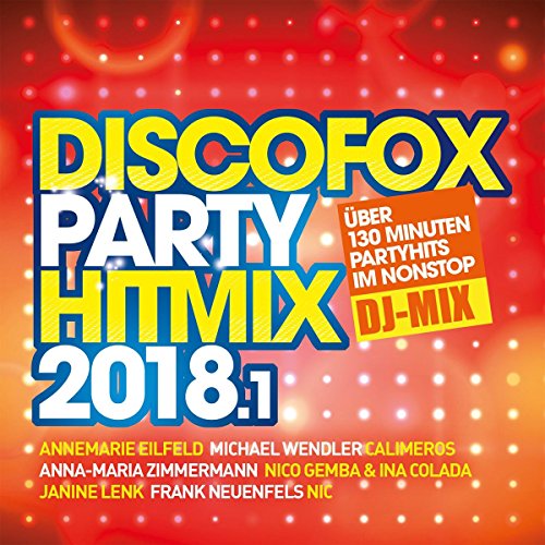"CD cover with 'Discofox Party Hitmix 2018.1' text on red and orange background."