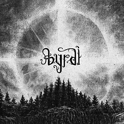 Black and white CD cover with stylized text and forest silhouette.
