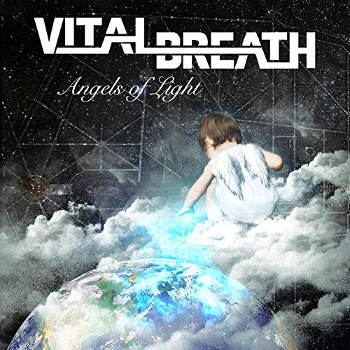 CD cover: child with wings looking at Earth from clouds.