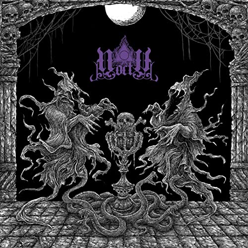 Black and white illustration of skeletal figures surrounding a glowing chalice.