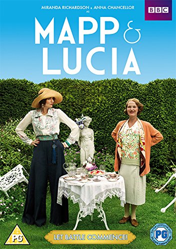 "Mapp & Lucia DVD cover featuring two women standing by a tea table outdoors."