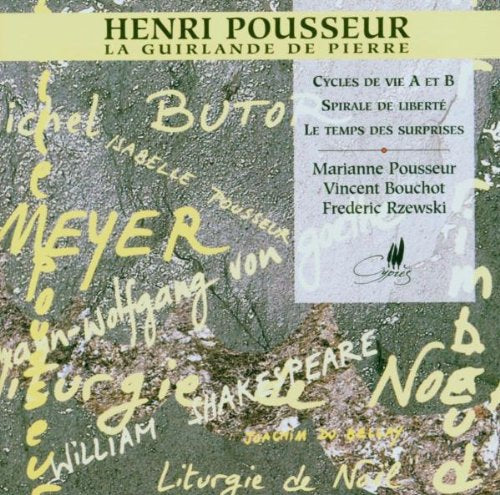 "CD cover with green stone background, yellow handwritten names, and black text on beige banner."