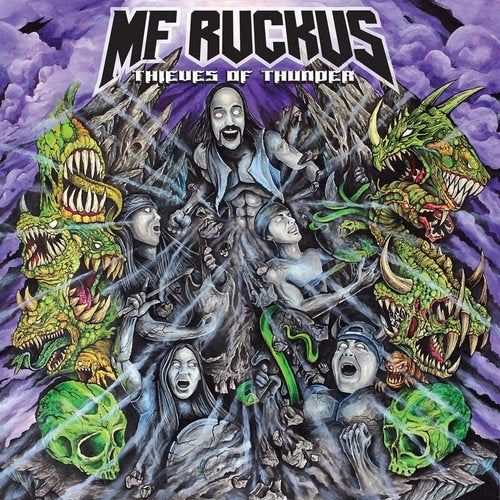 "Album cover art featuring a chaotic scene with dragons and screaming figures."