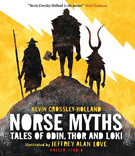 "Book cover featuring silhouettes of three Norse gods on a rocky outcrop."