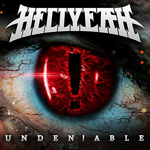 "Album cover featuring a close-up of a red, cracked eye with 'Hellyeah' and 'Unden!Able' text."