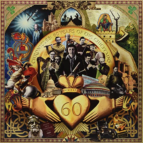 Album cover for The Chieftains’ “Chronicles: 60 Years,” featuring musicians and Irish imagery.