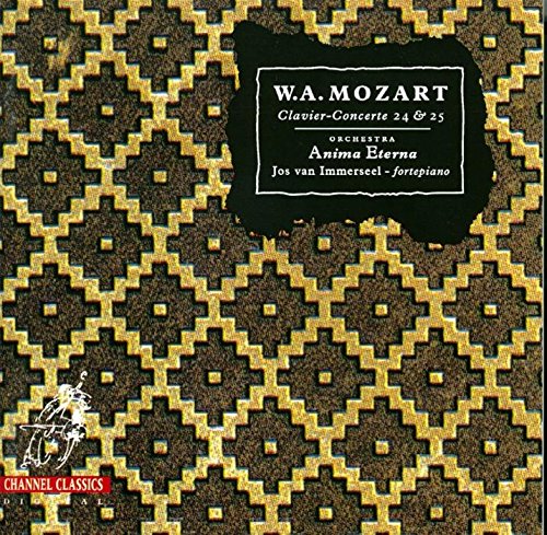 CD cover for Mozart piano concertos, patterned gold and black design.