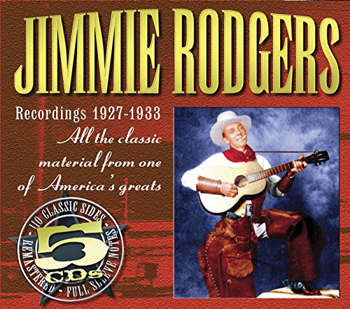 "CD cover with Jimmie Rodgers holding a guitar, red background, yellow text."
