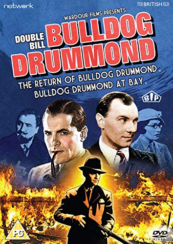 Bulldog Drummond double film cover with vintage actors and flames.