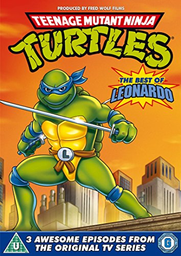 "Teenage Mutant Ninja Turtles DVD cover featuring Leonardo against an orange cityscape background."