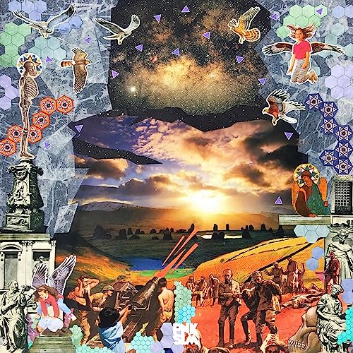 Collage album cover with birds, figures, landscape, and geometric shapes.