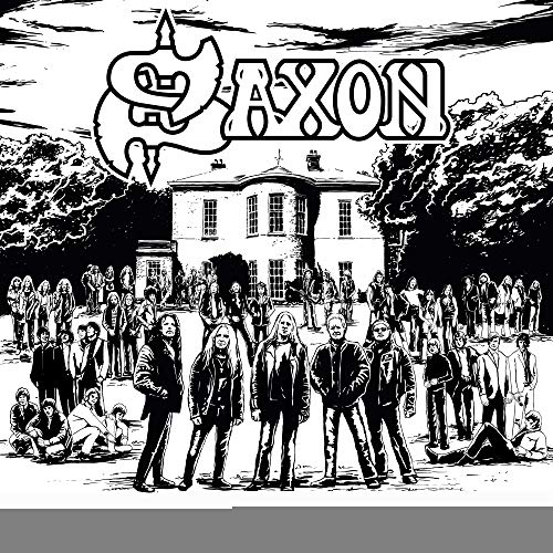 Black and white album cover for Saxon’s “Inspirations” with band and crowd.