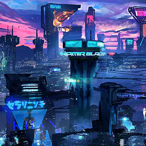 Futuristic cityscape with glowing towers and neon signs, purple and blue tones.