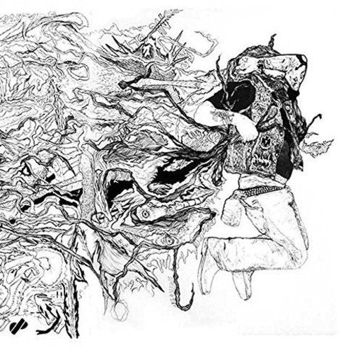 Black and white abstract illustration on a vinyl record cover with chaotic, swirling lines.