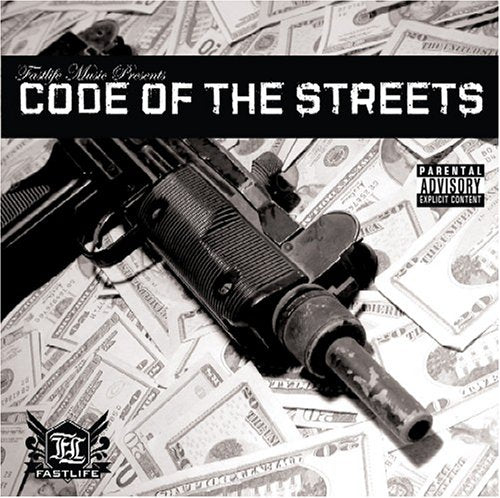 CD cover with a submachine gun on a background of money.