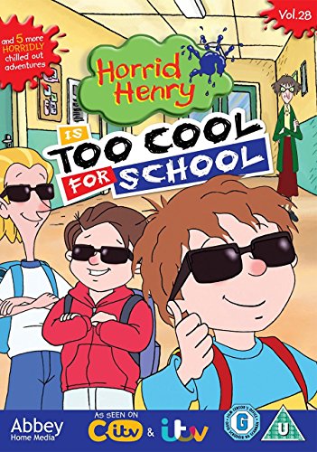 "Cartoon cover featuring three children wearing sunglasses, with 'Horrid Henry' and school theme."