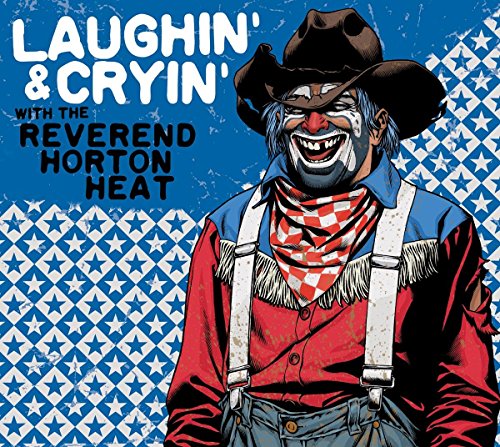 Clown cowboy with red shirt and black hat on blue and white star background.