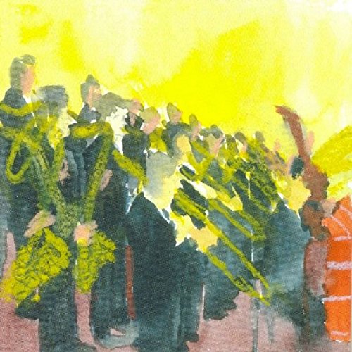The image is a watercolor painting of a group of musicians playing saxophones. For accessibility purposes, a concise alt text could be: "Watercolor painting of musicians in suits playing saxophones."