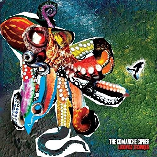 "Album cover featuring a colorful octopus collage on a textured, blue-green background."