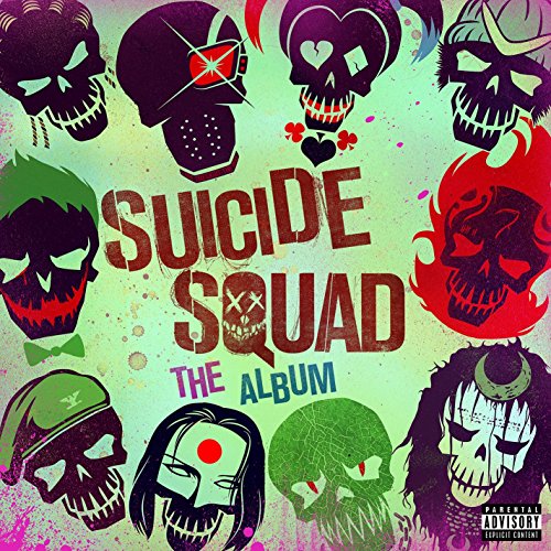 "Album cover with 'Suicide Squad The Album' text and multiple skull illustrations."