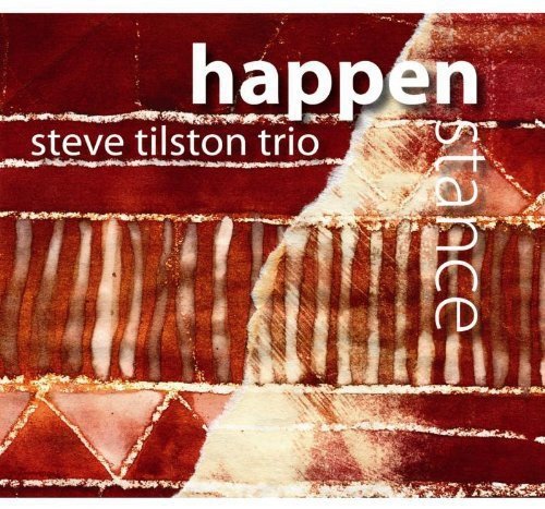 "Album cover with red and beige abstract design, titled 'Happenstance' by Steve Tilston Trio."