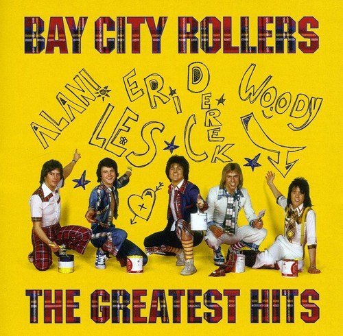 "CD cover with Bay City Rollers band members on yellow background, writing names."