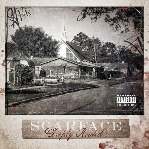 Black and white album cover showing a church, a person walking, and text below.