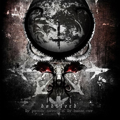 Dark album cover with skull, horns, and a world map inside a circle.