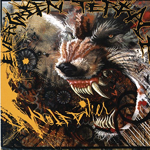 "Album cover featuring a snarling, tattooed boar's head with graffiti and gears."