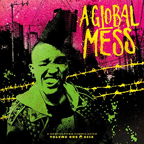 Vinyl album cover: man with mohawk, barbed wire, pink and green splatter.