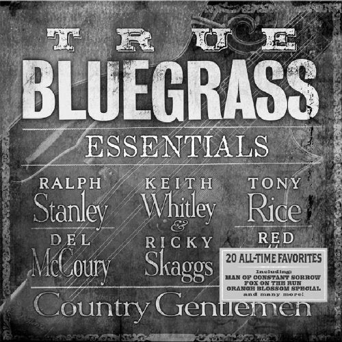 "Grayscale album cover with 'True Bluegrass Essentials' and artist names in white text."