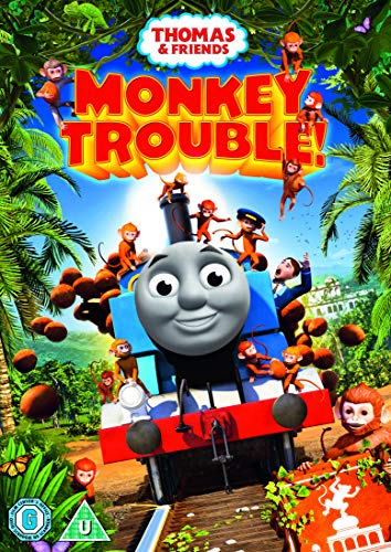 Thomas the Tank Engine surrounded by playful monkeys, DVD cover.
