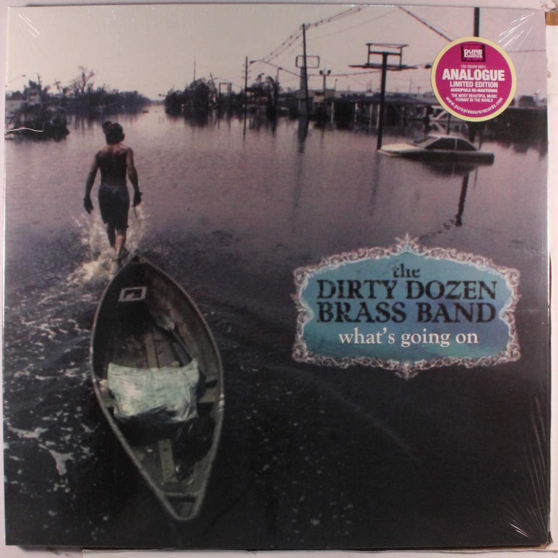Vinyl record cover: Dirty Dozen Brass Band, "What's Going On," with a boat image.