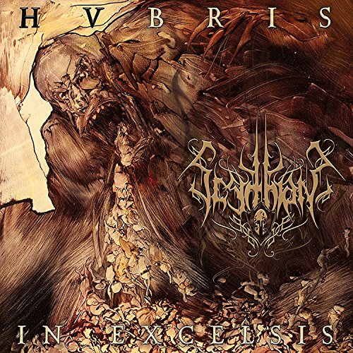 Dark, textured album cover for Scythian’s “Hubris In Excelsis” vinyl record.