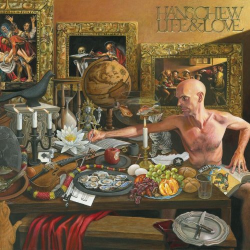 Album cover: surreal image of a man at a cluttered table, "Hans Chew Life & Love".