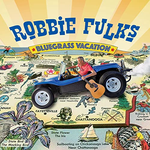 Robbie Fulks driving a blue dune buggy over a illustrated map of Tennessee.