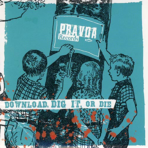 Blue and red illustrated CD cover with children and text: "Download, Dig It Or Die".