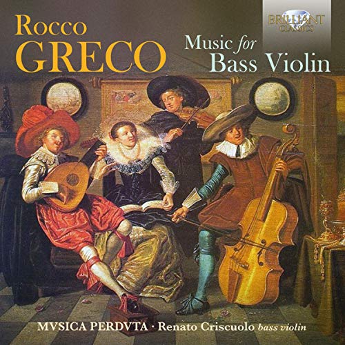 CD cover: Renaissance musicians with a bass violin, painting style.