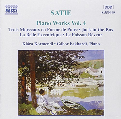 "CD cover with a serene lake scene painting and text describing Satie's piano works."